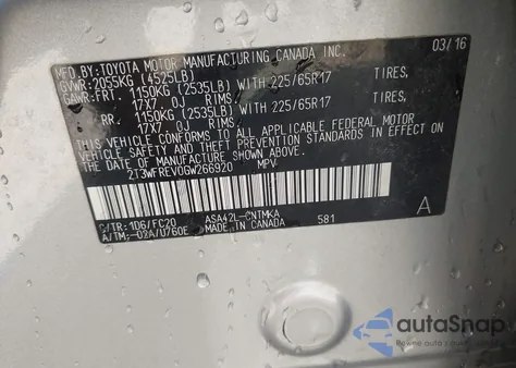 2016 Toyota Rav4 Xle из США, поврежденный, VIN 2T3WFREV0GW266920